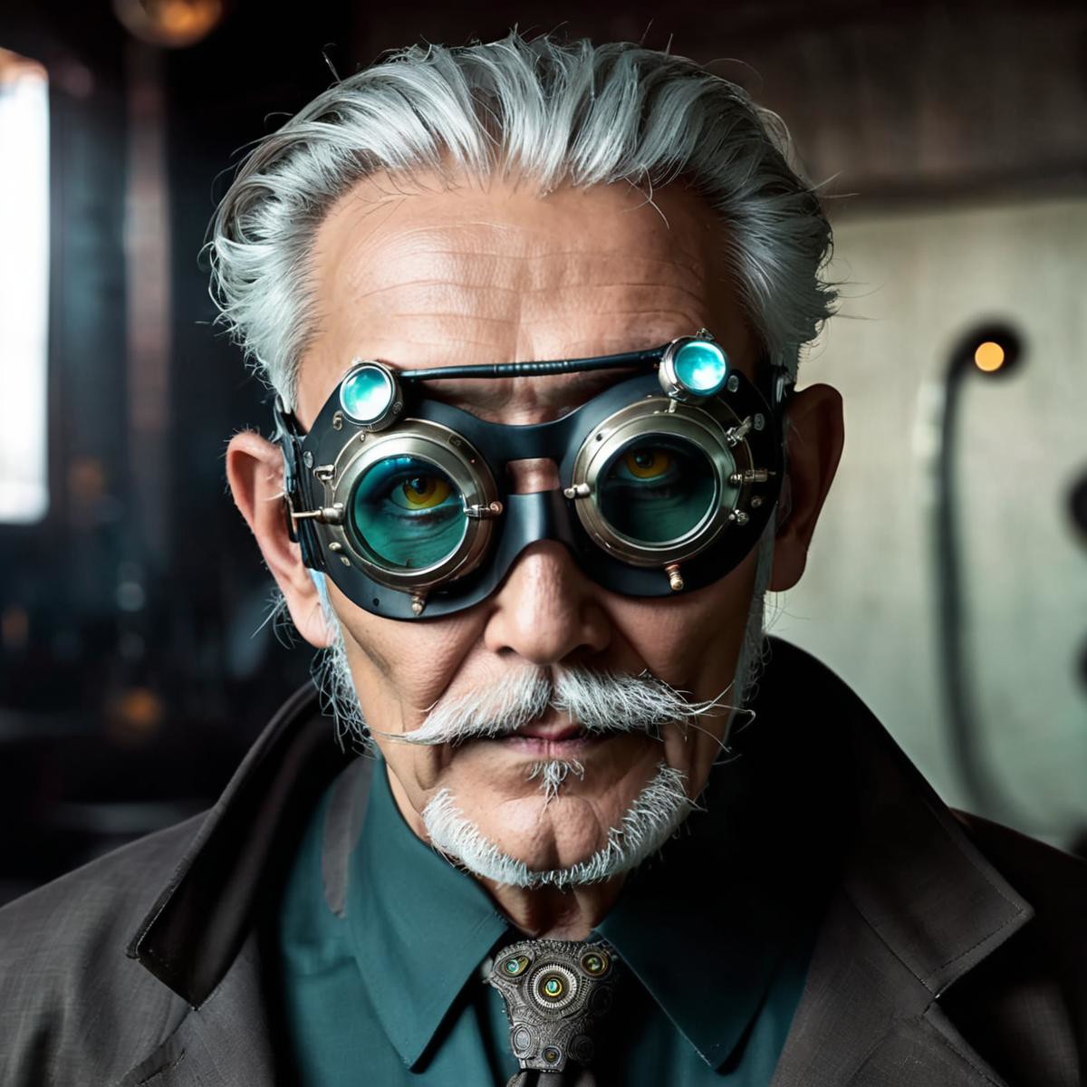 old evil scientist,man, cyberpunk, mask, wrathful eyes, dark science lab, steampunk sun glasses, dark atmosphere, Homunculus